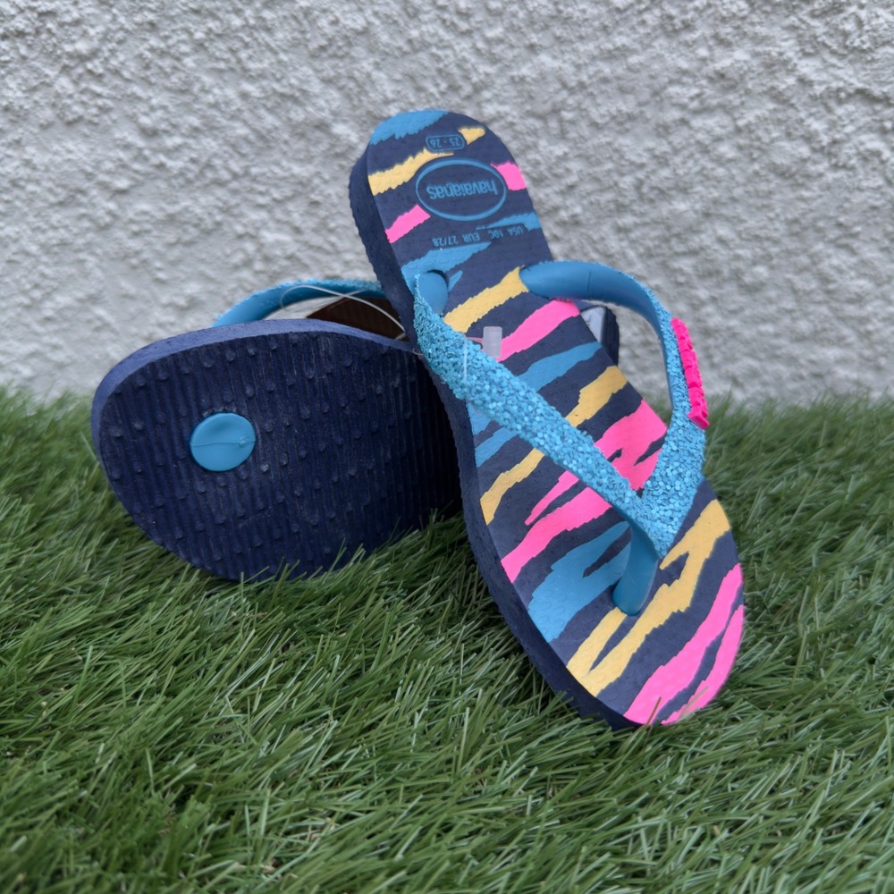 Havaianas Kids Slim Glitter Trendy Flip Flops Navy Blue Turquoise Size 10C 25-26